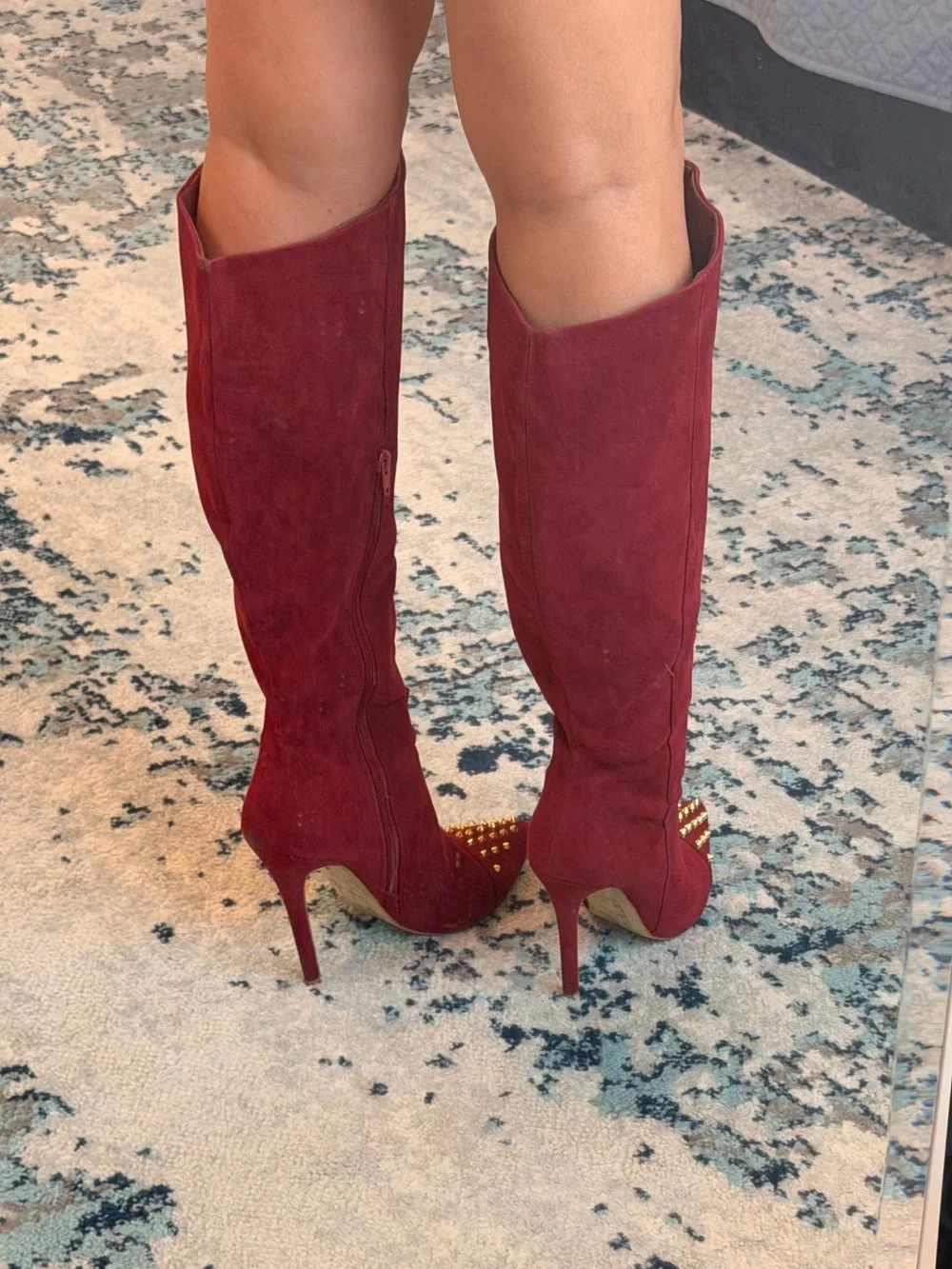 Shoe Dazzle Burgundy Suede Over-the-Knee Studded Pointed Boots